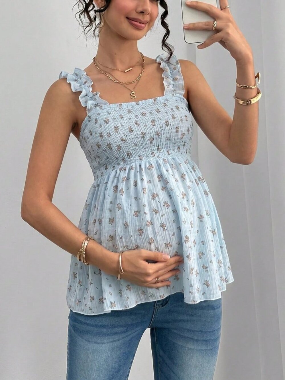 Baby Blue Boho Women's Maternity Floral Babydoll Top